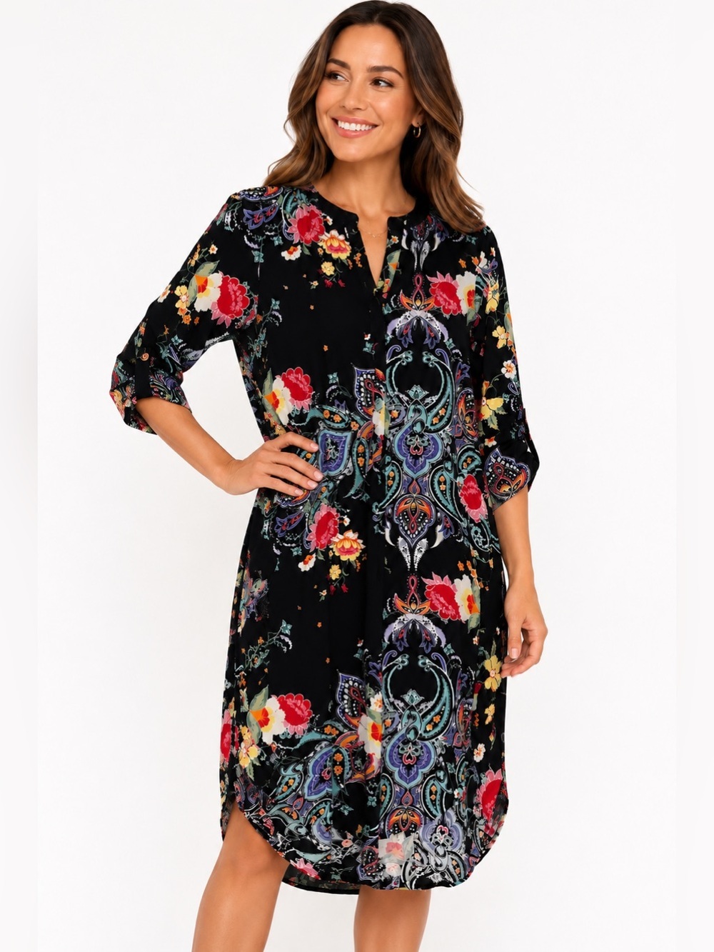 Cupio Black Floral Paisley Midi Dress Womens Medium Boho Viscose NWT
